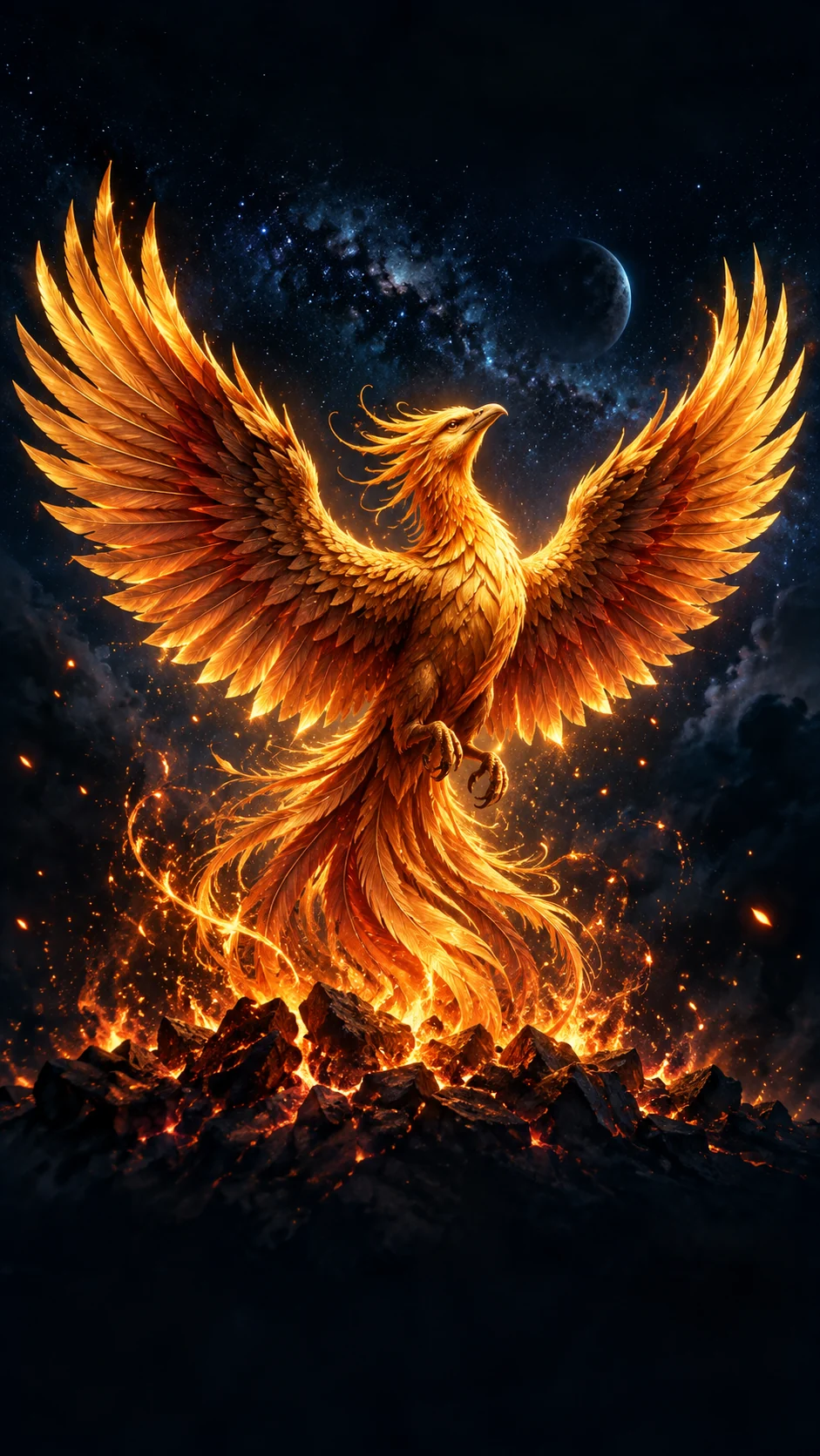 A golden phoenix rising through a midnight-blue sky
