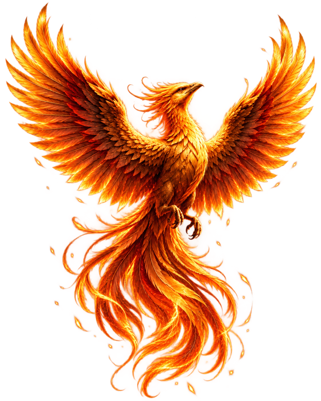 A fiery orange phoenix rising with both wings fully spread and a flowing flame tail